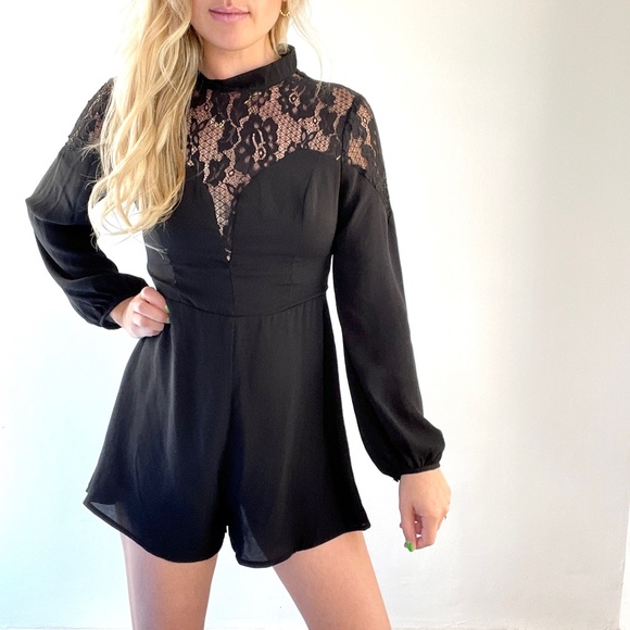 Lush Pants - Lush Black Long Sleeve Lace Romper